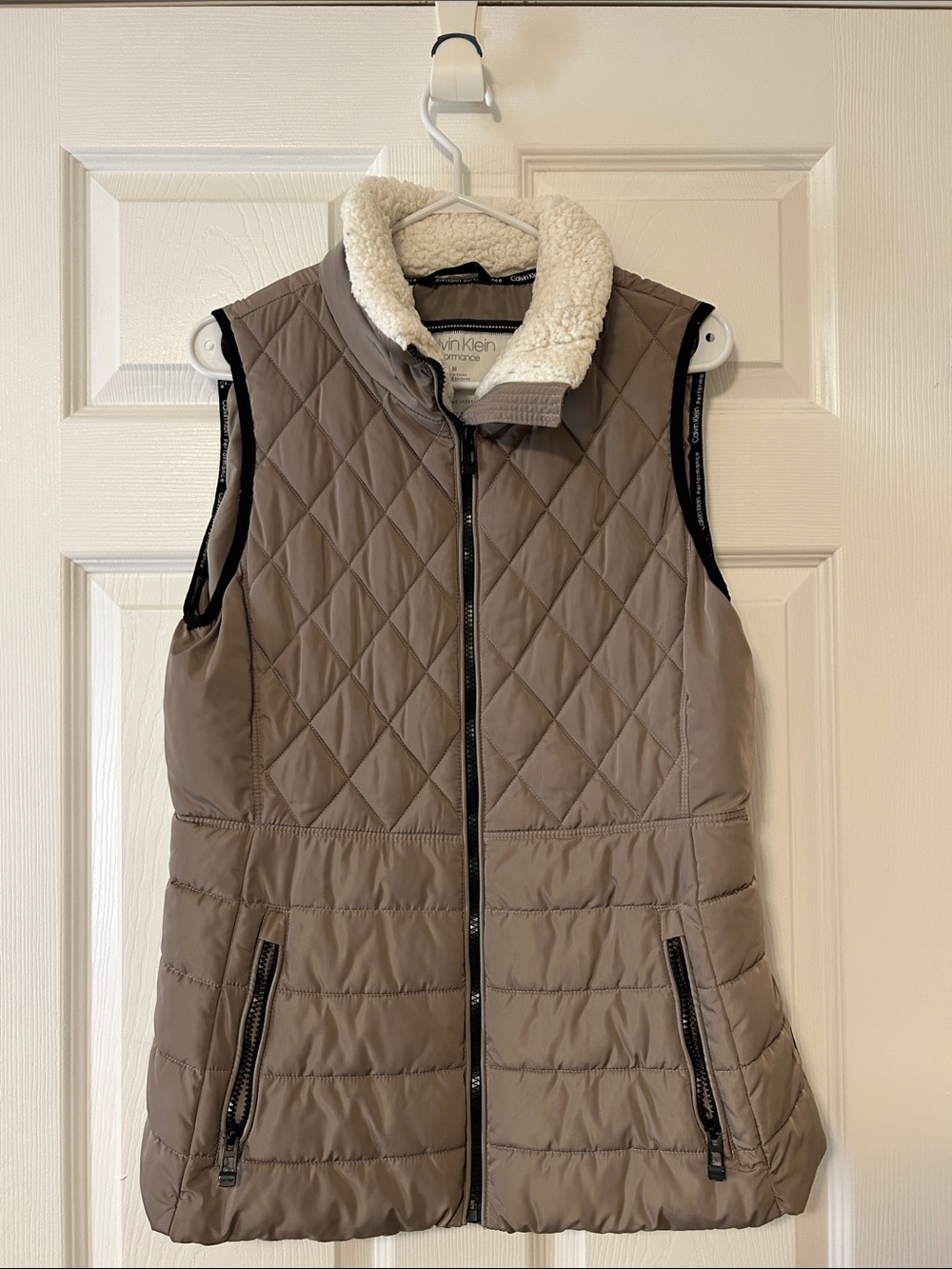 Calvin Klein Quilted Taupe Vest with Sherpa Collar